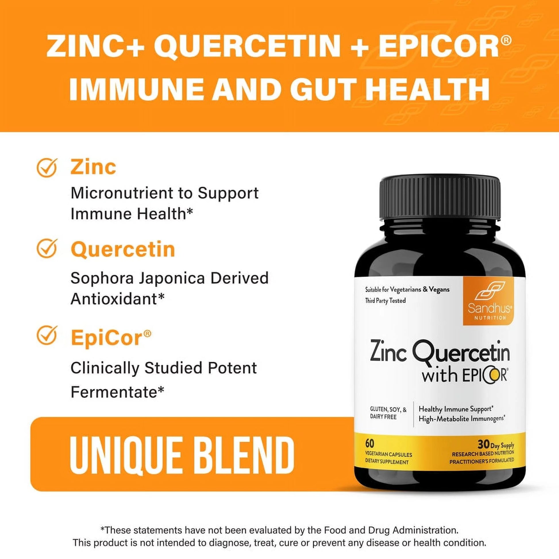 Zinc with 200Mg Quercetin, 500Mg Epicor® (Fermentate) - Year-Round Immune Support Wellness, 30 Servs