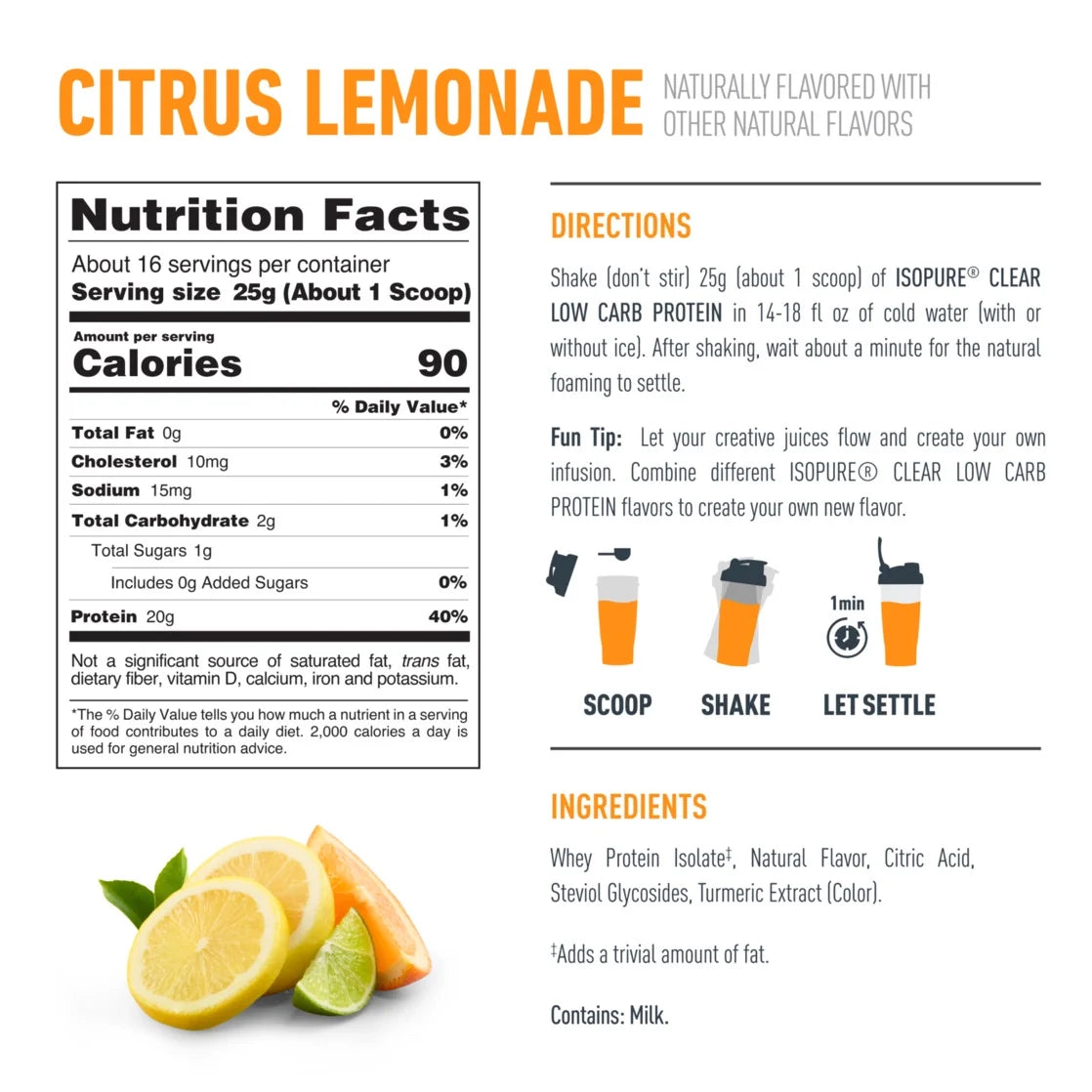 Clear Low Carb 100% Whey Protein Isolate Powder, Citrus Lemonade, 20G Protein, about 16 Servings