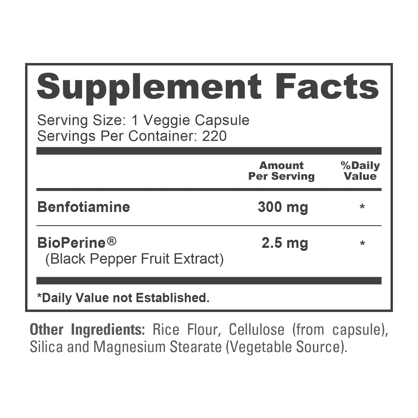 Benfotiamine 300Mg Capsules - 220 Veggie Caps, Non-Gmo, Vegan, Dietary Supplement for Adult Health & Wellness
