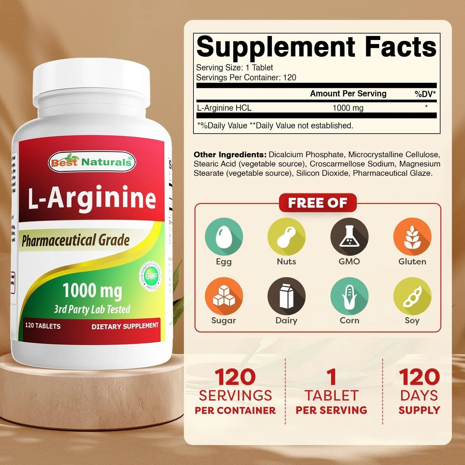 L-Arginine 1000 Mg Tablets, Nitric Oxide Booster, Heart Health, 120 Count, Gluten-Free