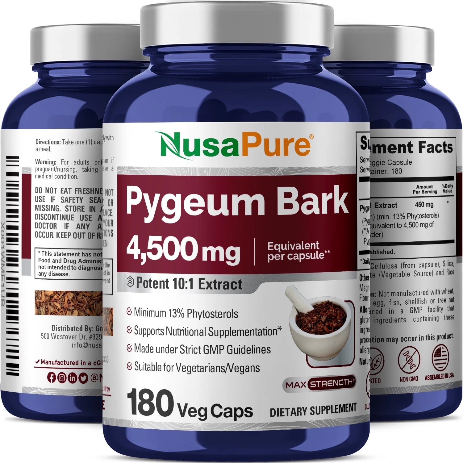 Pygeum Bark 4500Mg 180 Veggie Capsules, Non-Gmo and Gluten-Free, Dietary Supplement for Unisex Adult Health & Wellness
