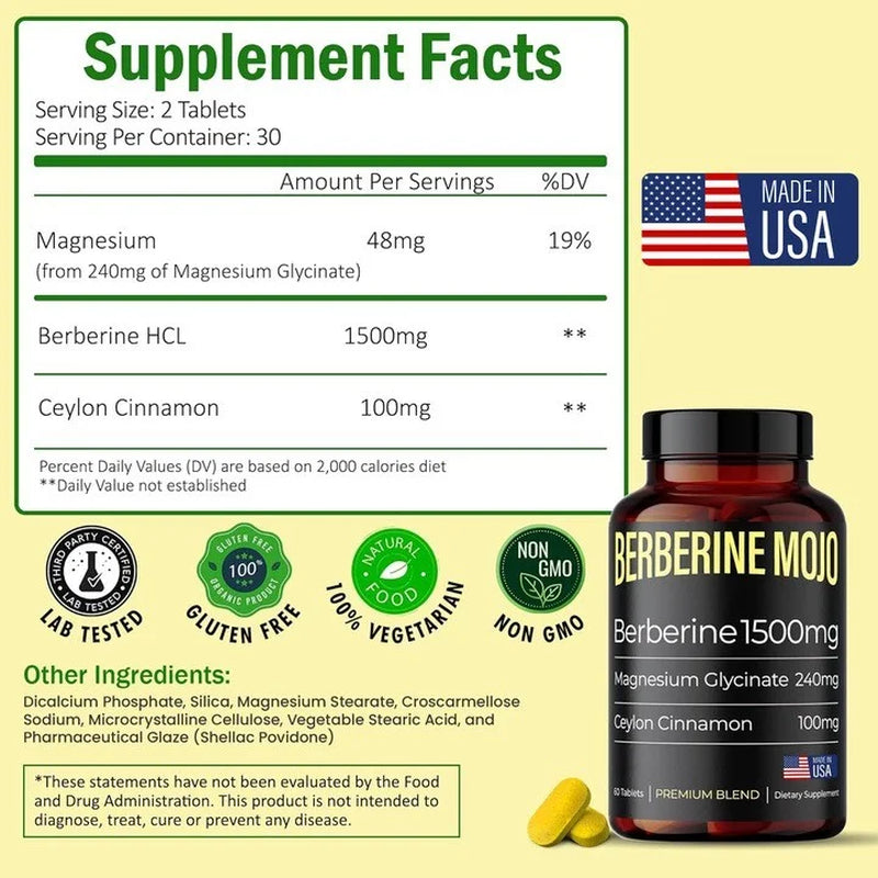 Berberine 1500Mg Supplement with Magnesium Glycinate and Ceylon Cinnamon. Weight Management & Immunity Booster for Women & Men. High Potency & Absorption. Premium Blend -