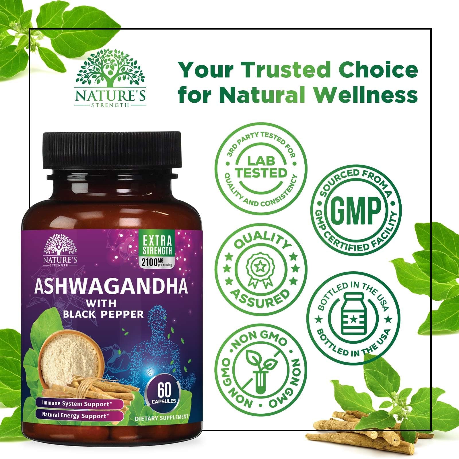 Ashwagandha 2100Mg - Extra Strength with Black Pepper for Max Absorption, Ashwagandha Powder and Root Supplements for Women & Men, Antioxidant Support, Vegan, Non-Gmo & Gluten Free - 60 Capsules