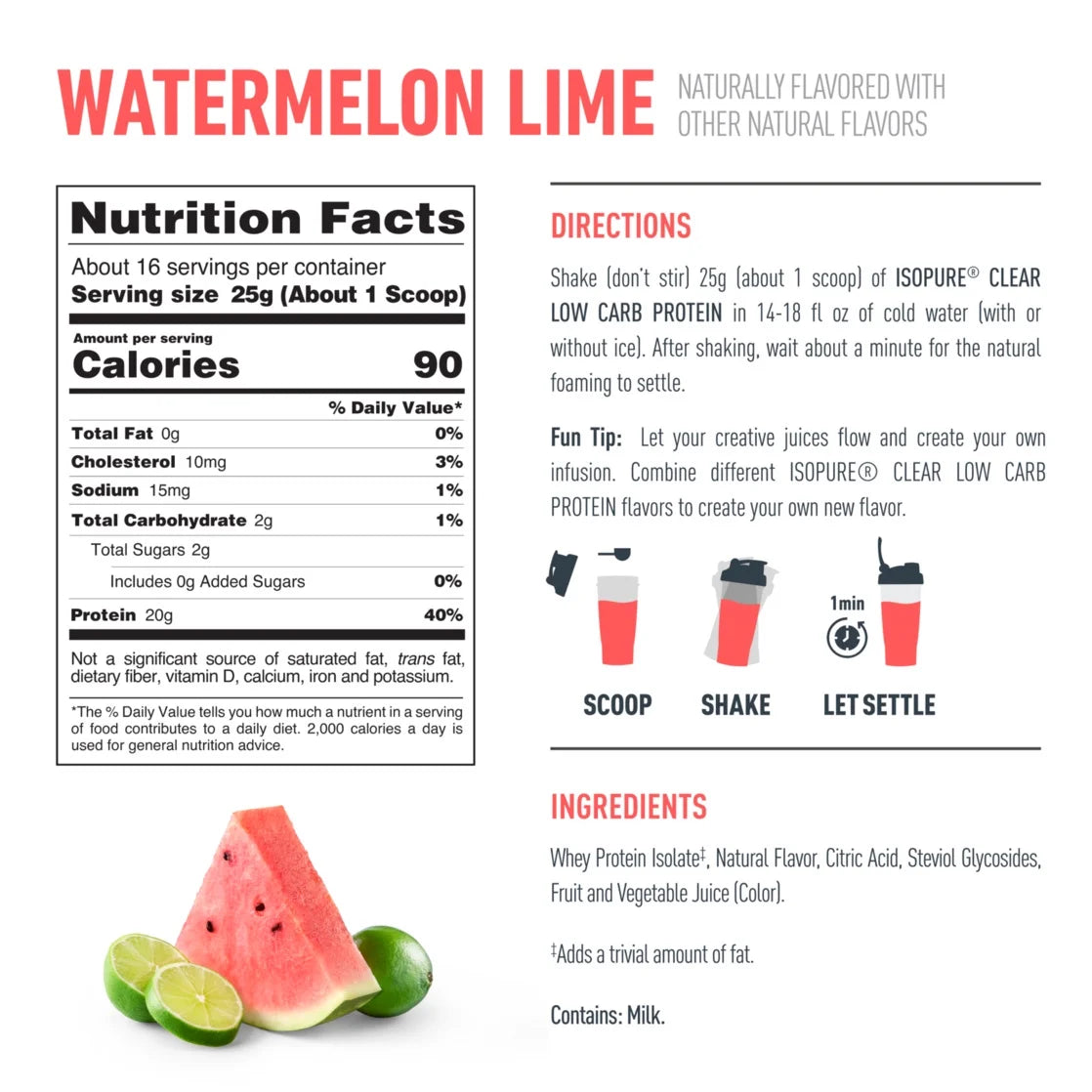 Clear Low Carb 100% Whey Protein Isolate Powder, Watermelon Lime, 20G Protein, about 16 Servings