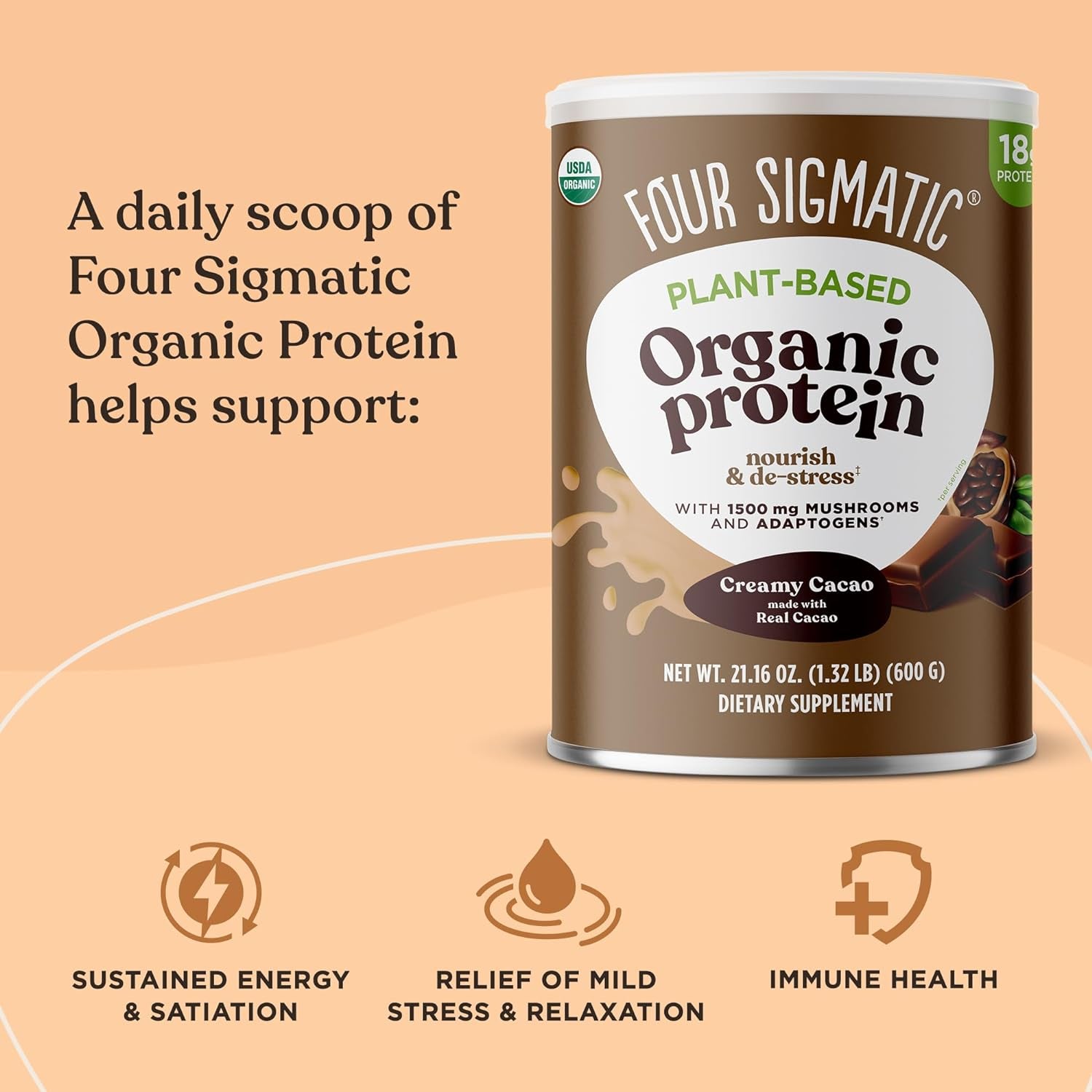 Organic Plant-Based Protein Powder Creamy Cacao Protein with Lion’S Mane, Chaga, Cordyceps and More | Clean Vegan Protein Elevated for Brain Function and Immune Support | 21.16 Oz