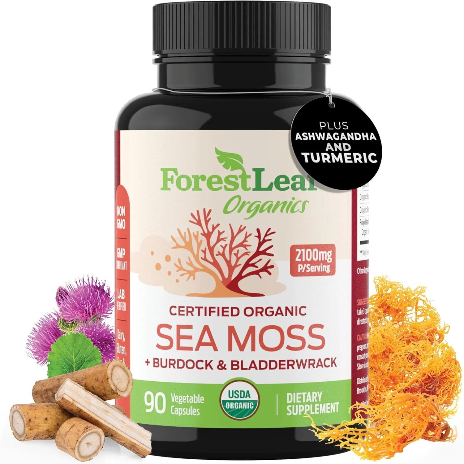 Organic Irish Sea Moss Supplement with Bladderwrack and Burdock Root for Digestive Health, 90 Vegetable Capsules