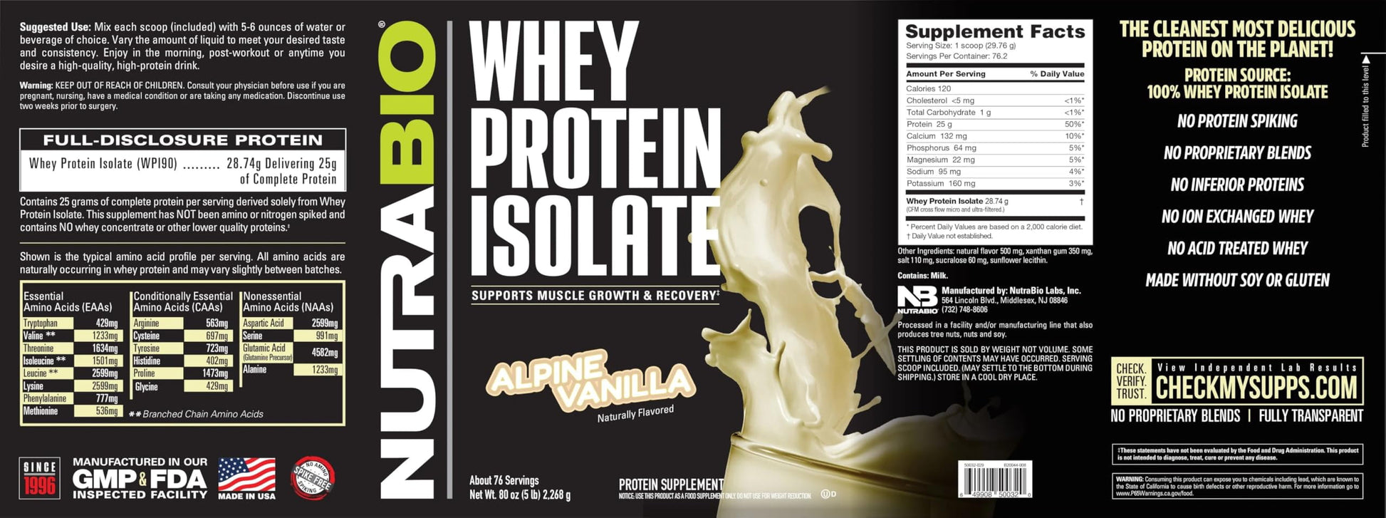 Whey Protein Powder Isolate Supplement – 25G of Protein per Scoop with Complete Amino Acid Profile - Soy and Gluten Free Protein Powder - Zero Fillers and Non-Gmo - Alpine Vanilla - 5 Lbs.