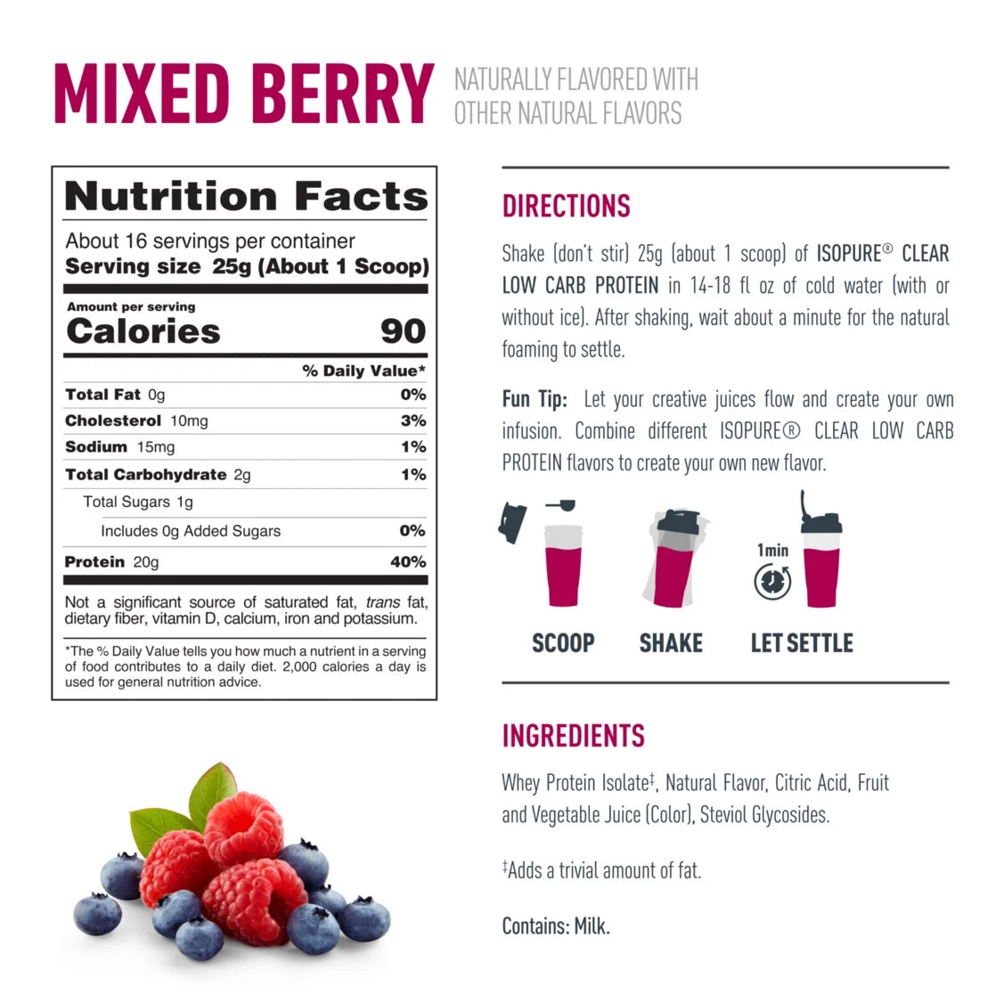 Clear Low Carb 100% Whey Protein Isolate Powder, Mixed Berry, 20G Protein, about 16 Servings
