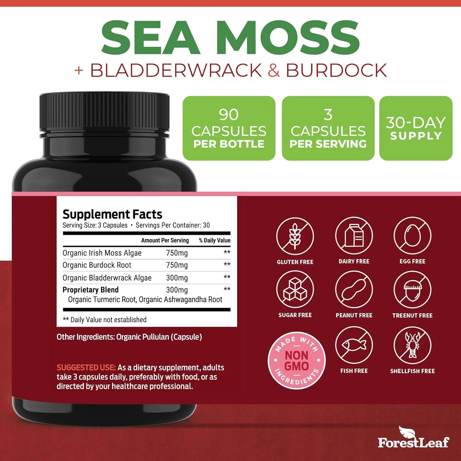 Organic Irish Sea Moss Supplement with Bladderwrack and Burdock Root for Digestive Health, 90 Vegetable Capsules