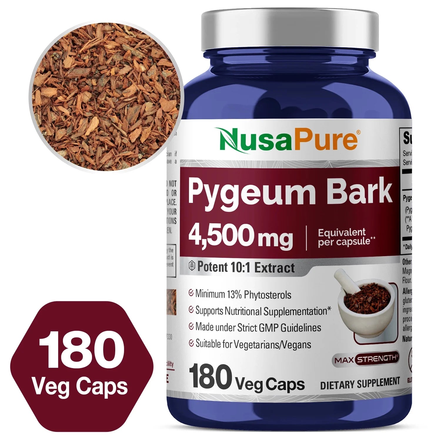 Pygeum Bark 4500Mg 180 Veggie Capsules, Non-Gmo and Gluten-Free, Dietary Supplement for Unisex Adult Health & Wellness