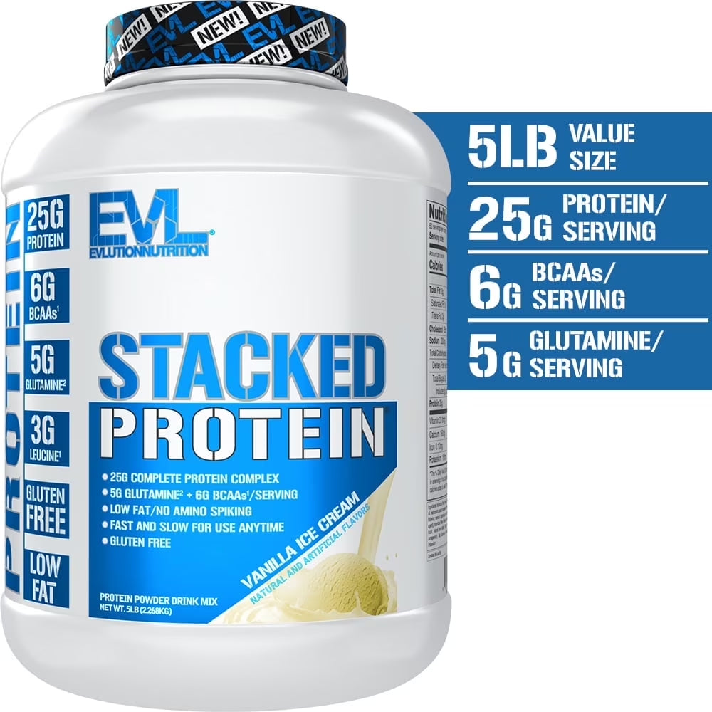 Stacked Protein Protein Powder with 25 Grams of Protein, 6 Grams of Bcaas and 5 Grams of Glutamine (Vanilla Ice Cream, 5 LB)