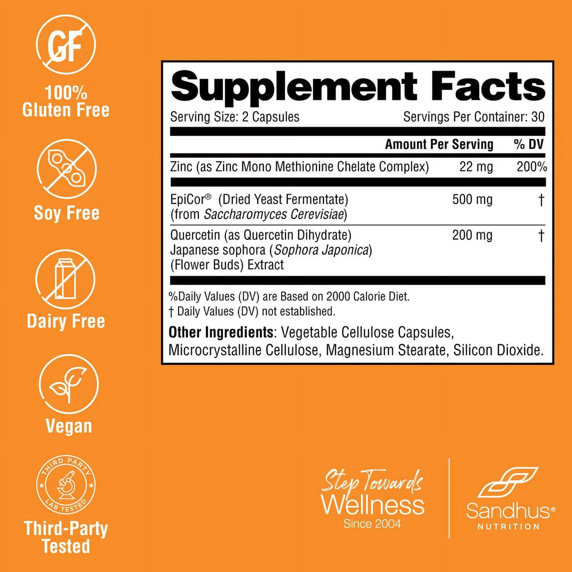 Zinc with 200Mg Quercetin, 500Mg Epicor® (Fermentate) - Year-Round Immune Support Wellness, 30 Servs