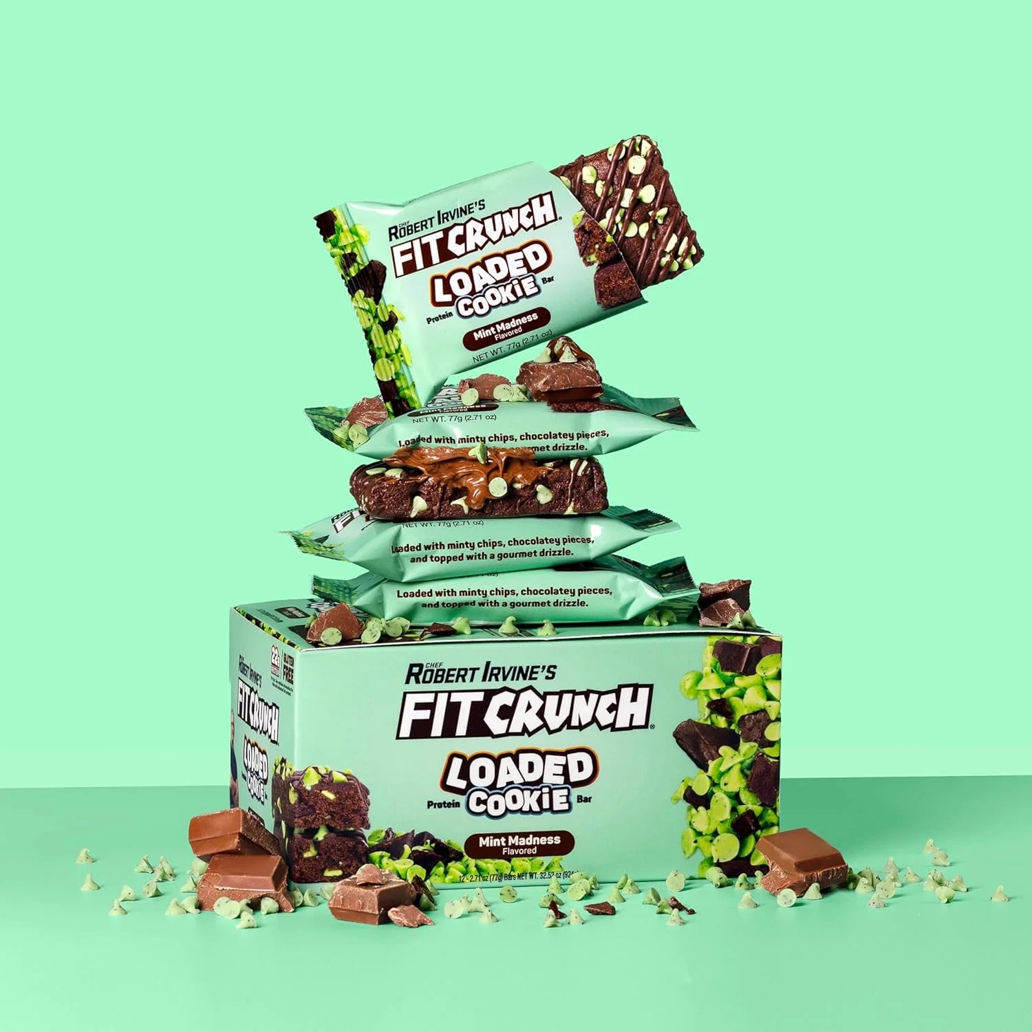 Fit Crunch Loaded Cookie Protein Bar, High Protein, Gluten Free, Protein Snack (12 Cookie Bars, Mint Madness)