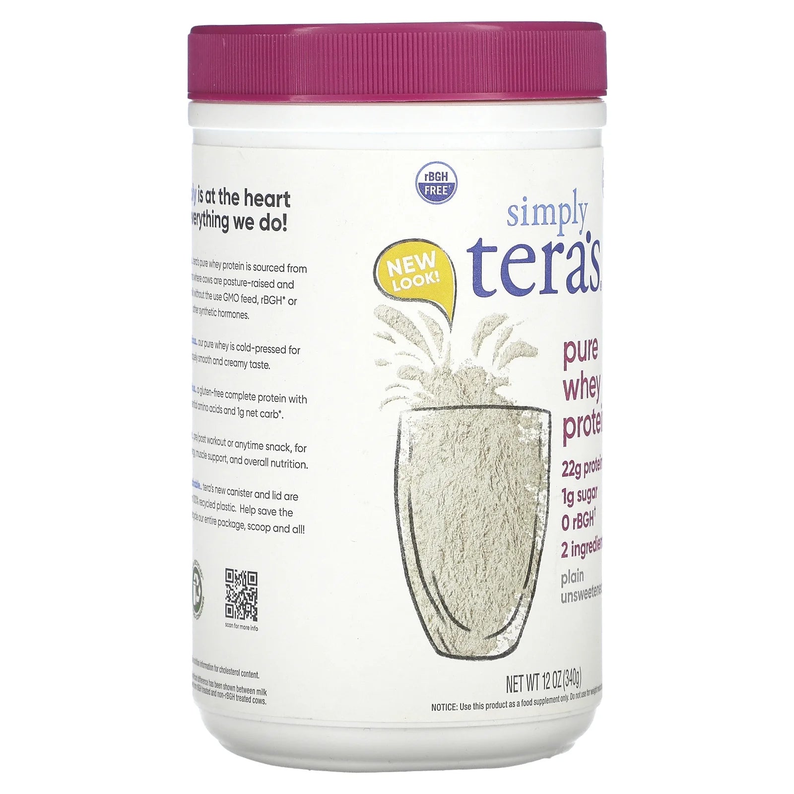 Rbgh Free Whey Protein Powder, Plain, 22G Protein, 0.75 Lb