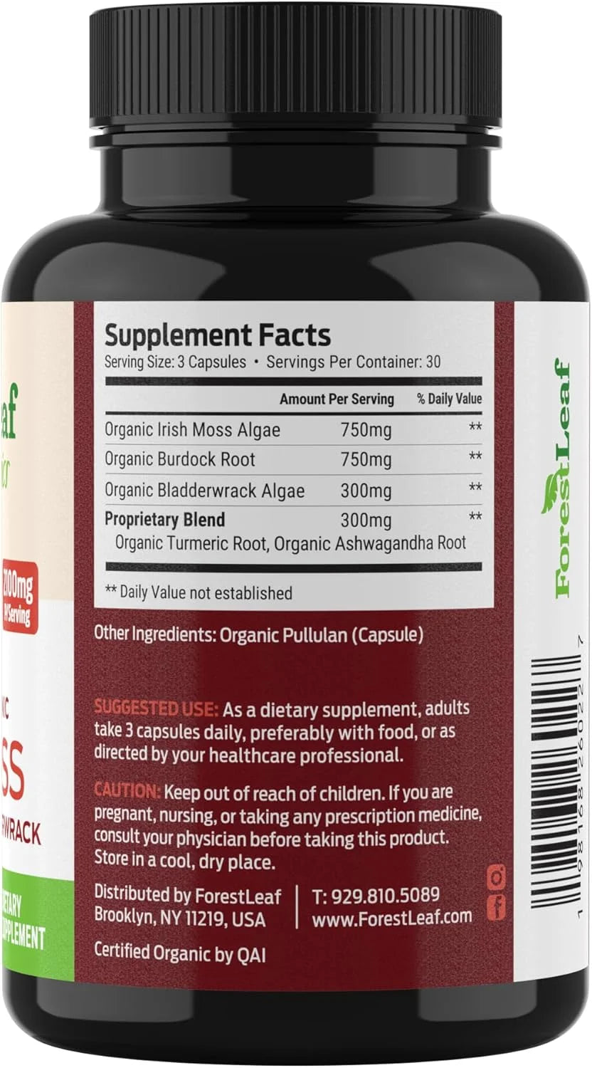 Organic Irish Sea Moss Supplement with Bladderwrack and Burdock Root for Digestive Health, 90 Vegetable Capsules