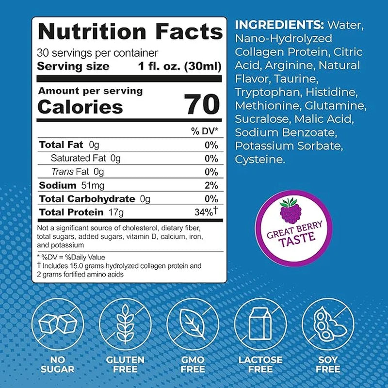 Liquid Collagen Protein Shot, 17G Clear Protein Nano-Hydrolyzed Grass Fed Collagen