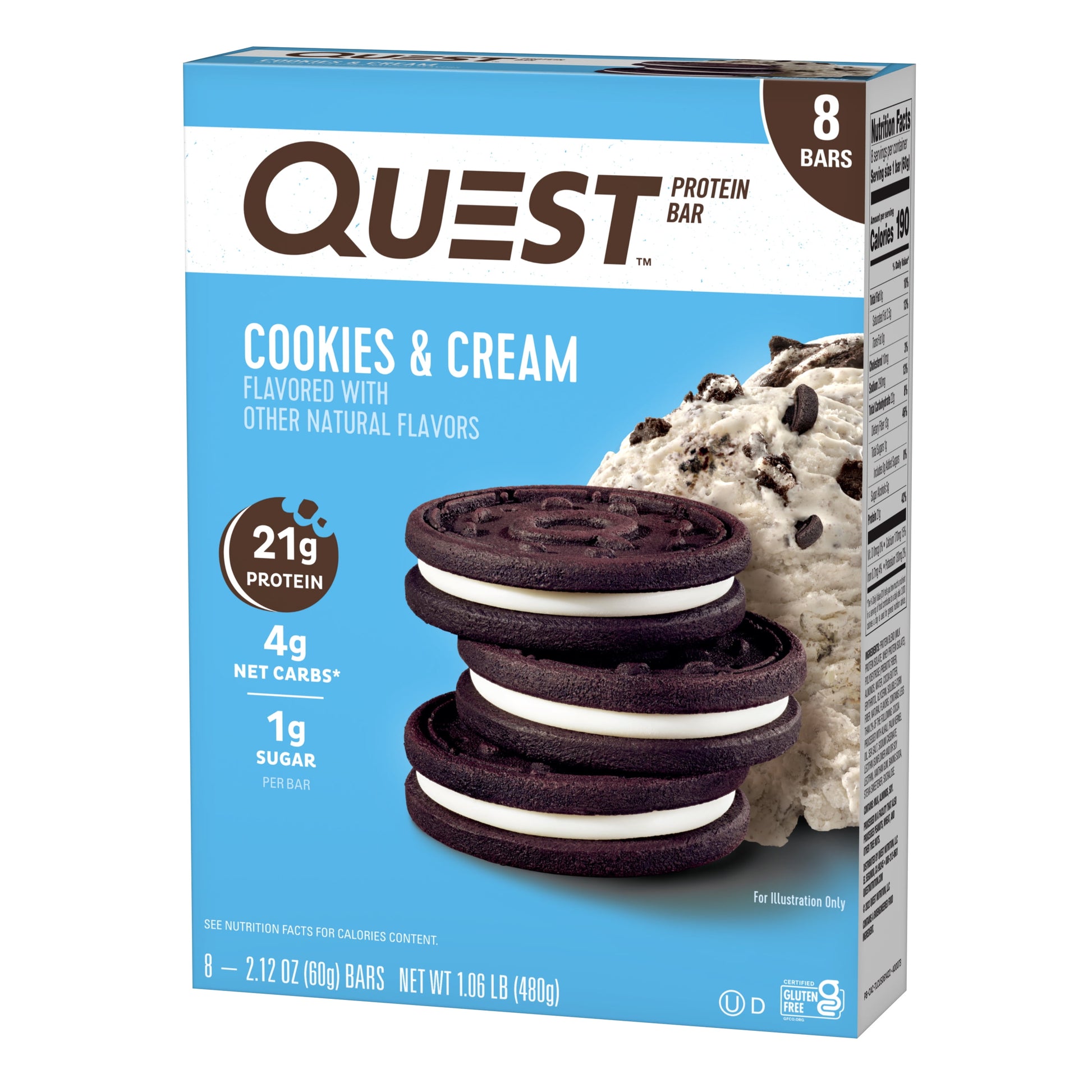 Quest Protein Bar, Cookies & Cream, High Protein, Gluten Free, 8 Count
