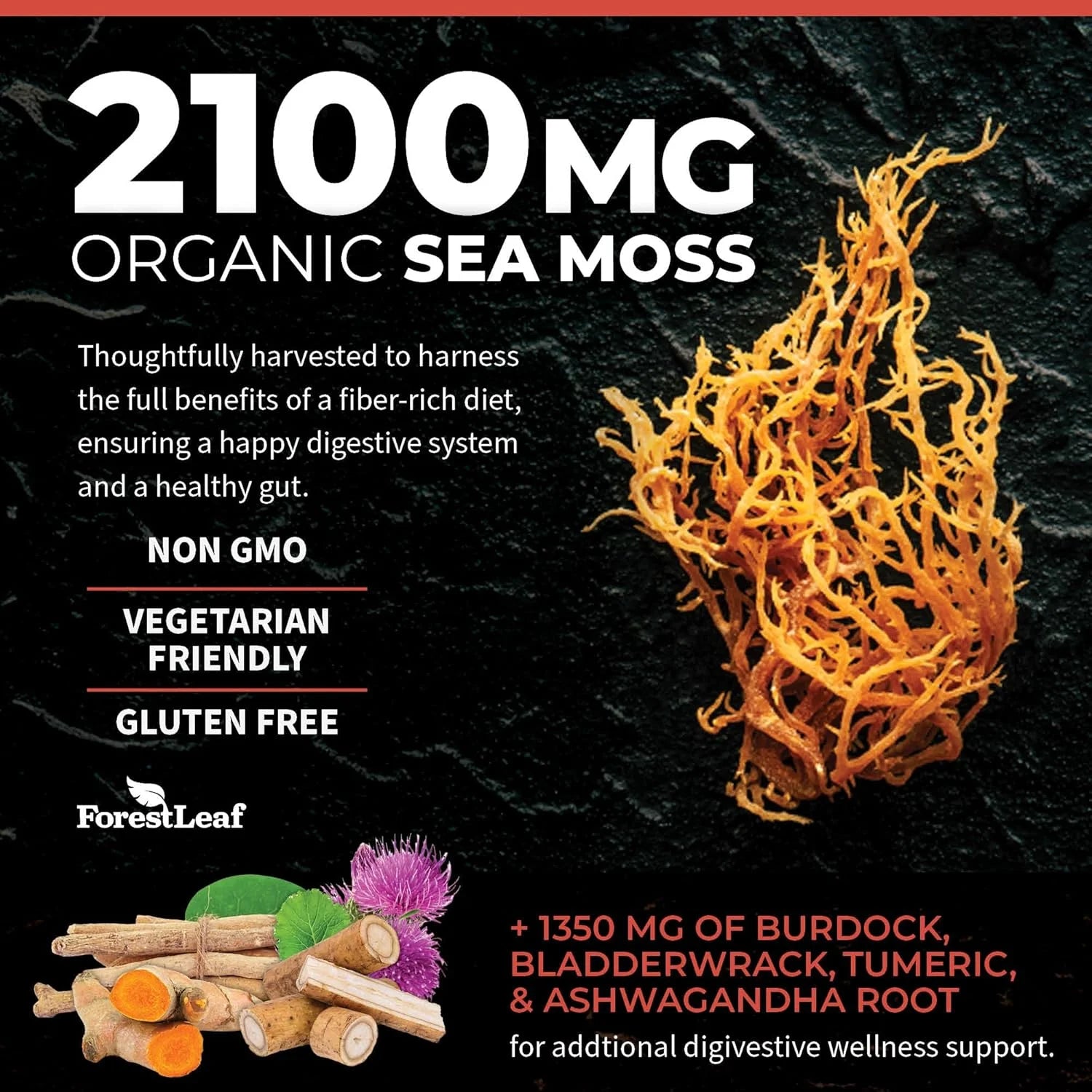 Organic Irish Sea Moss Supplement with Bladderwrack and Burdock Root for Digestive Health, 90 Vegetable Capsules