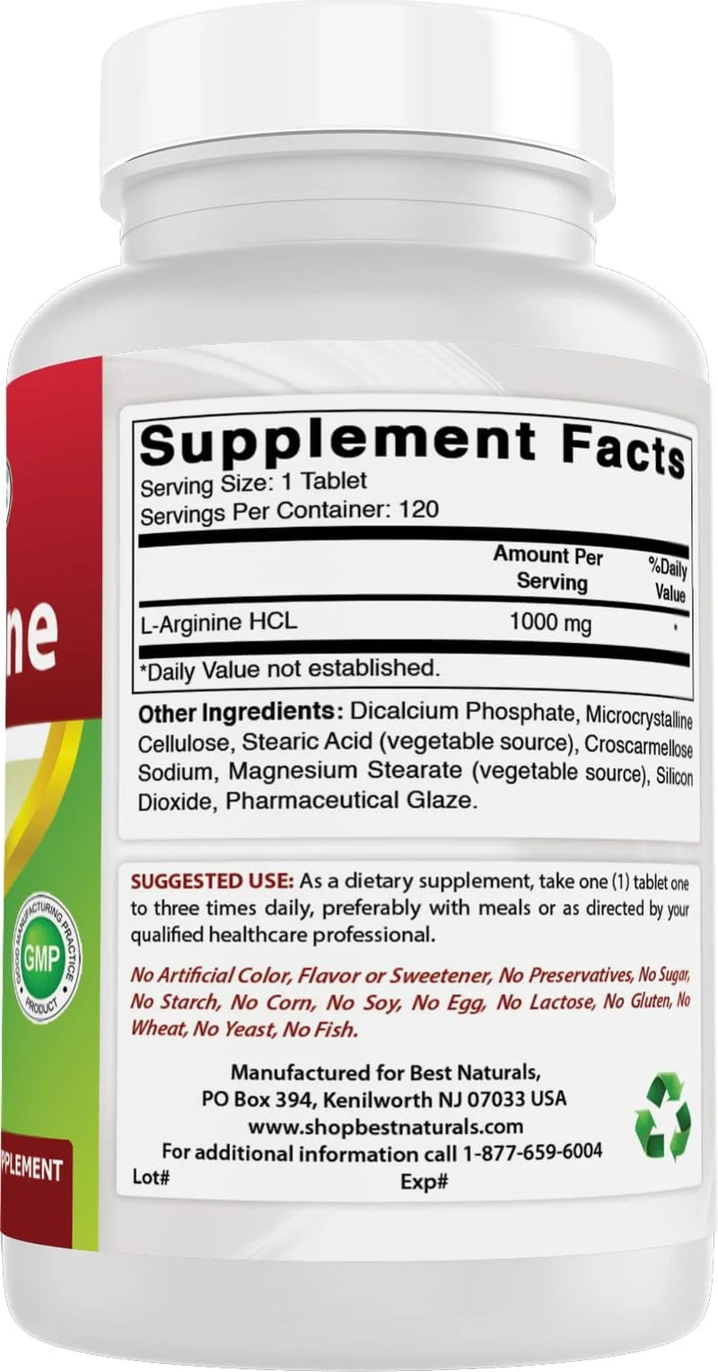 L-Arginine 1000 Mg Tablets, Nitric Oxide Booster, Heart Health, 120 Count, Gluten-Free