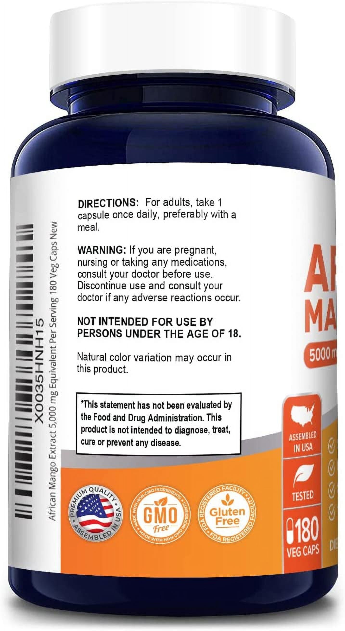 African Mango Extract: 5,000 Mg Veggie Caps, 180 Capsules, Non-Gmo & Gluten-Free, Dietary Supplement for Unisex Adult Health & Wellness