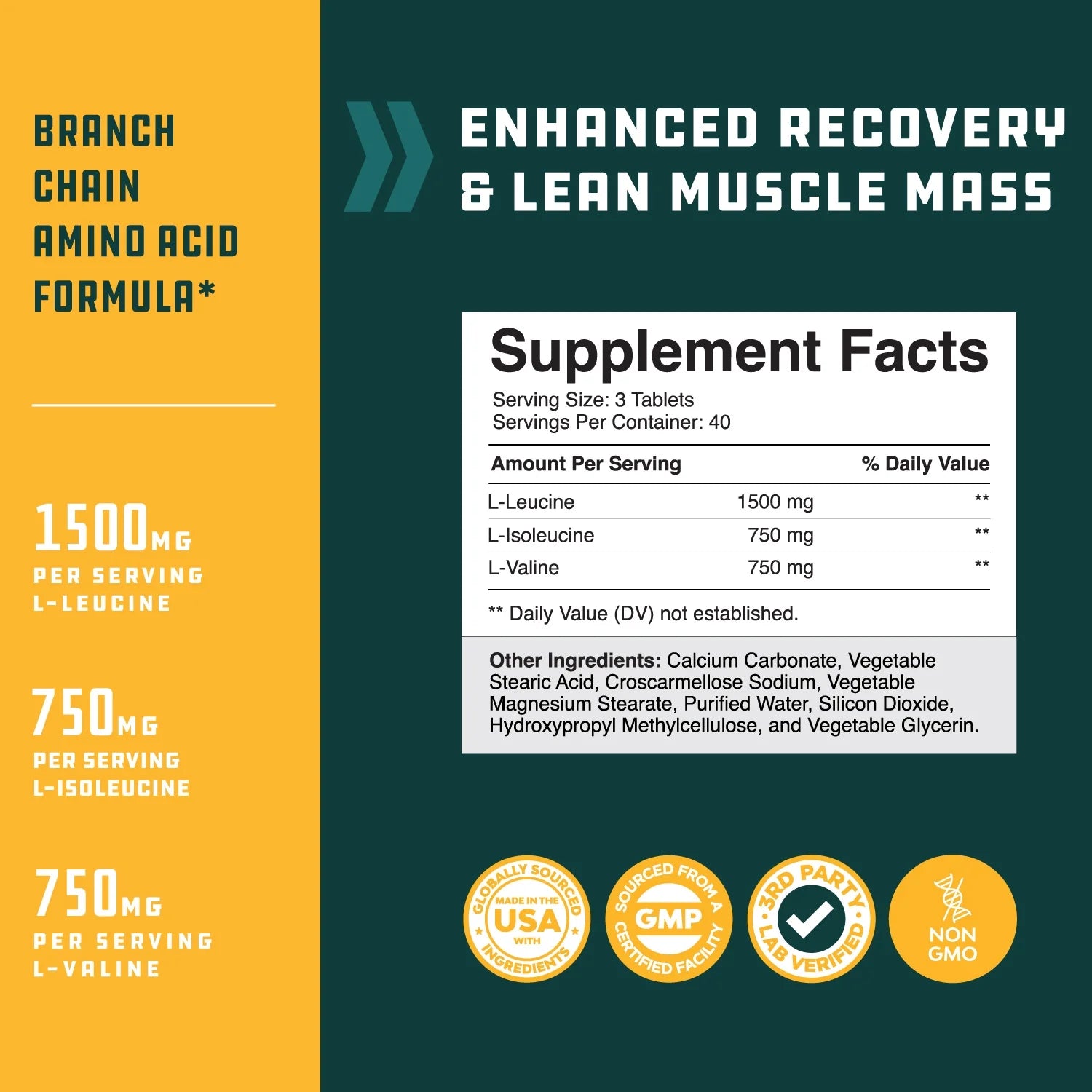 Branch Chain Amino Acids Supplement for Men and Women - Vegan BCAA Tablets Post Workout Muscle Recovery and Muscle Growth Support 120Ct
