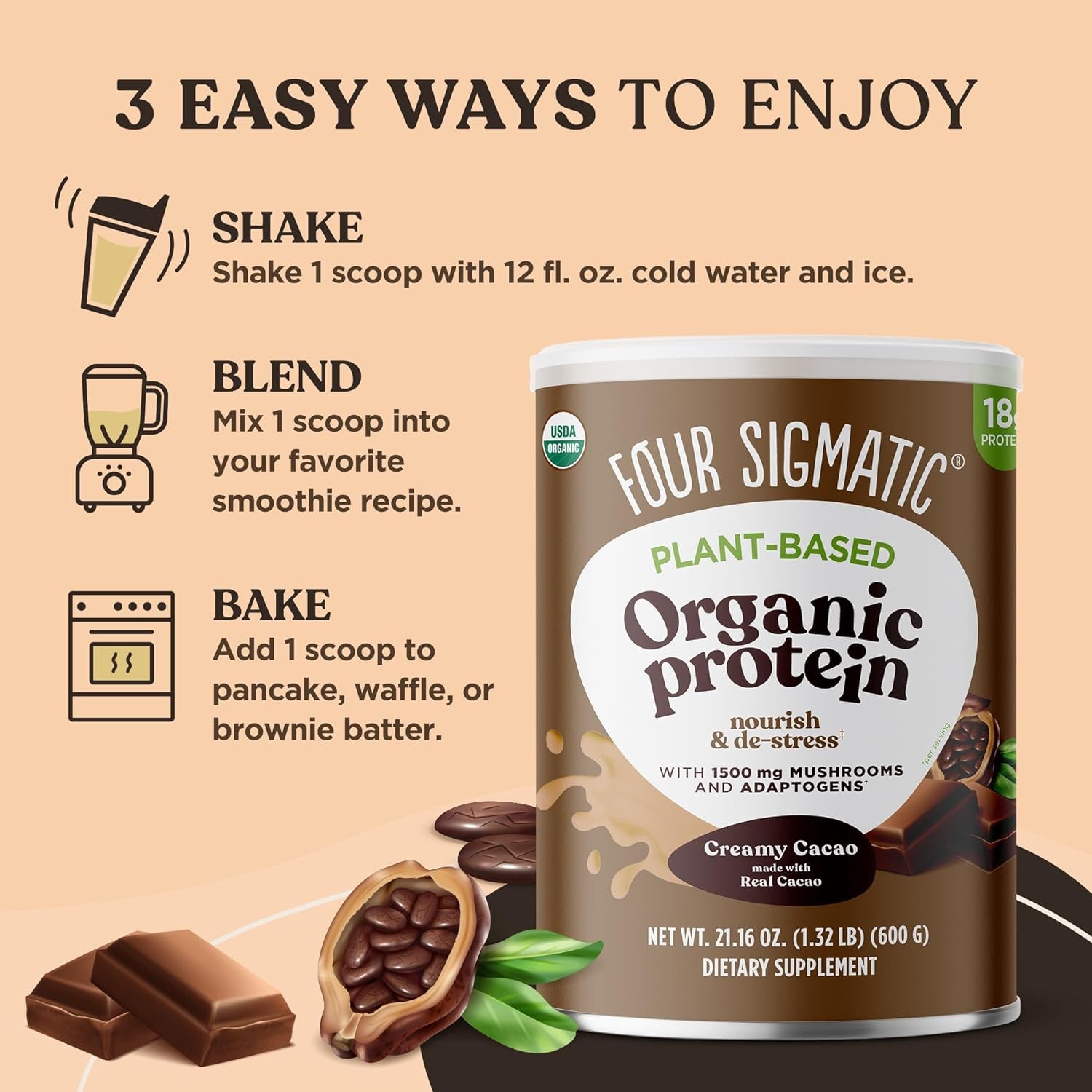 Organic Plant-Based Protein Powder Creamy Cacao Protein with Lion’S Mane, Chaga, Cordyceps and More | Clean Vegan Protein Elevated for Brain Function and Immune Support | 21.16 Oz