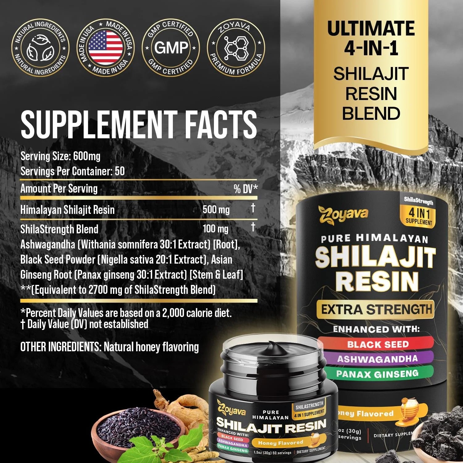 Shilajit Pure Himalayan Organic Resin, Natural Raw Black Seed, Ashwagandha, Panax Ginseng Shilajit for Men and Women, Fulvic Acid and Trace Minerals, Potent Herbal Blend for Enhanced Energy (Honey)