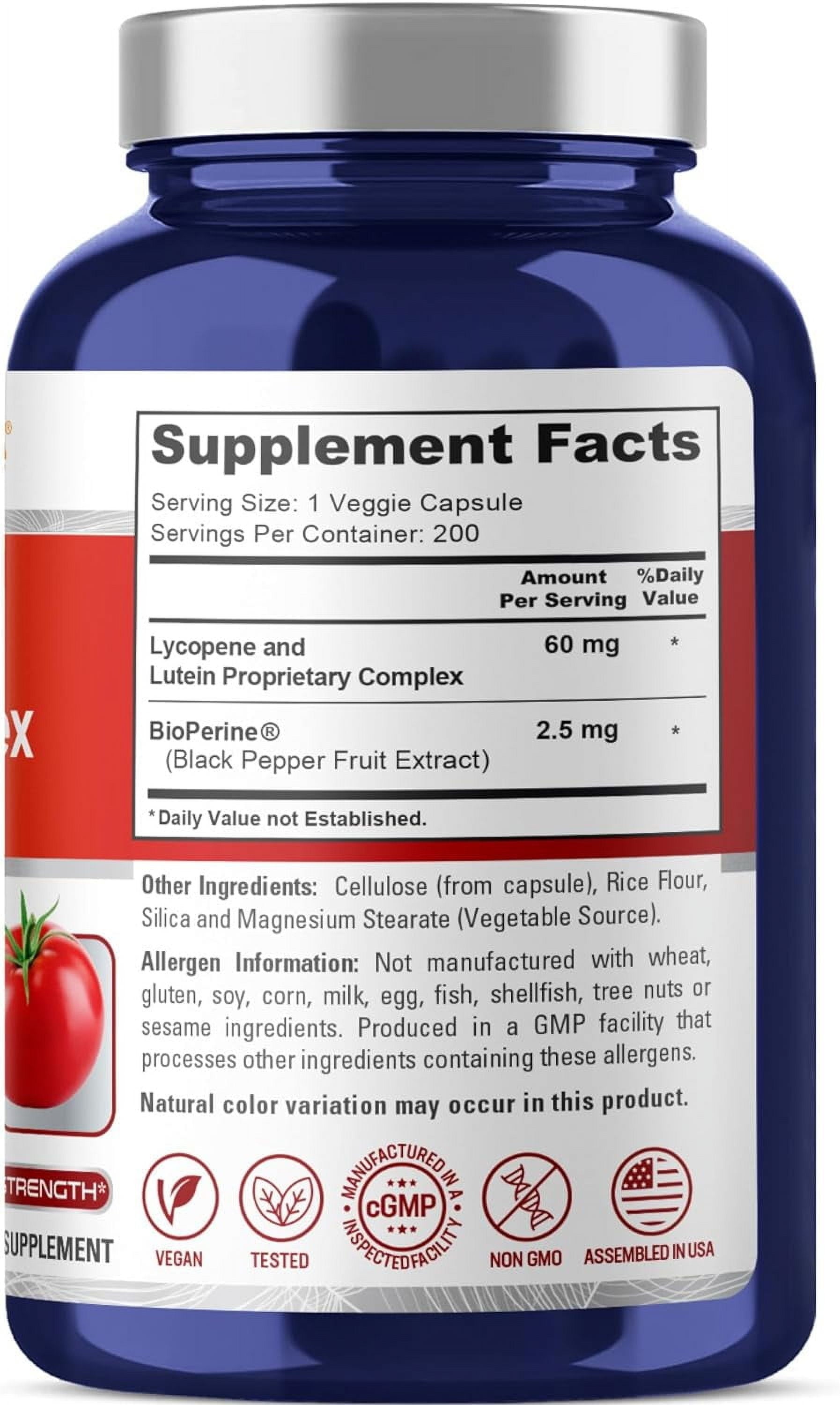 60Mg Lycopene & Lutein Complex 200 Veggie Capsules, Non-Gmo & Vegan, Dietary Supplement for Unisex Adult Health & Wellness