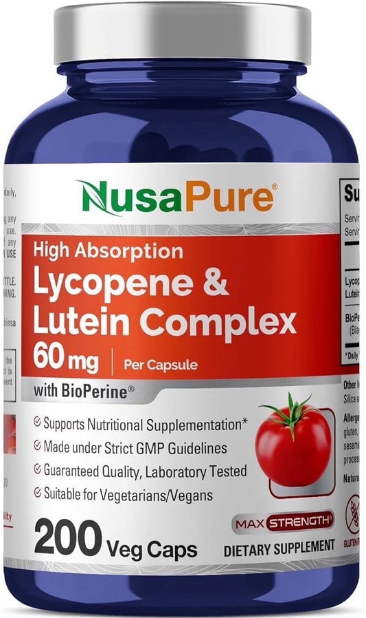 60Mg Lycopene & Lutein Complex 200 Veggie Capsules, Non-Gmo & Vegan, Dietary Supplement for Unisex Adult Health & Wellness