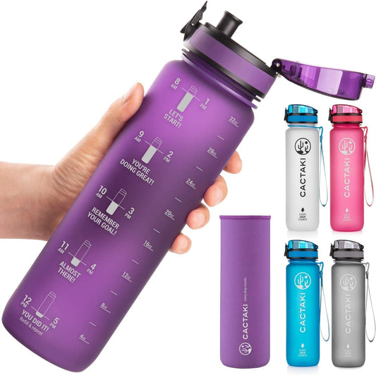 32 Oz Water Drinking Bottle with Time Marker - Stay Hydrated - Hydration Tracker & Reminder to Drink with Hourly Measurement Markings - Leak Spill Proof & BPA Free