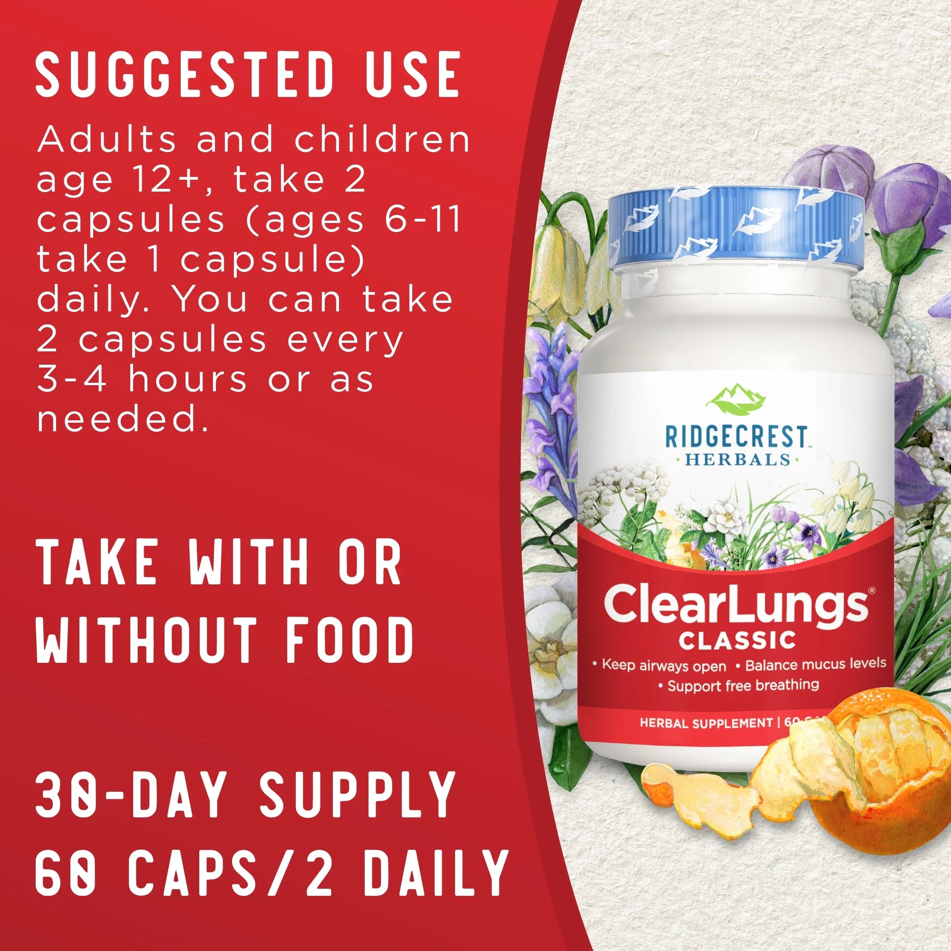 Clearlungs Classic, Natural Lung and Nasal Daily Health Supplement for Bronchial, Respiratory, Immune, Sinus, and Mucus Wellness Support, Herbal Formula (60 Caps, 30 Serv)