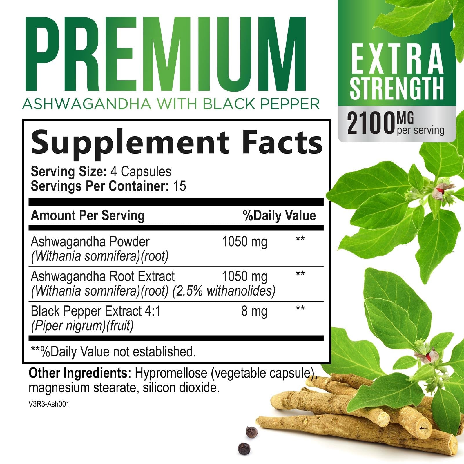 Ashwagandha 2100Mg - Extra Strength with Black Pepper for Max Absorption, Ashwagandha Powder and Root Supplements for Women & Men, Antioxidant Support, Vegan, Non-Gmo & Gluten Free - 60 Capsules