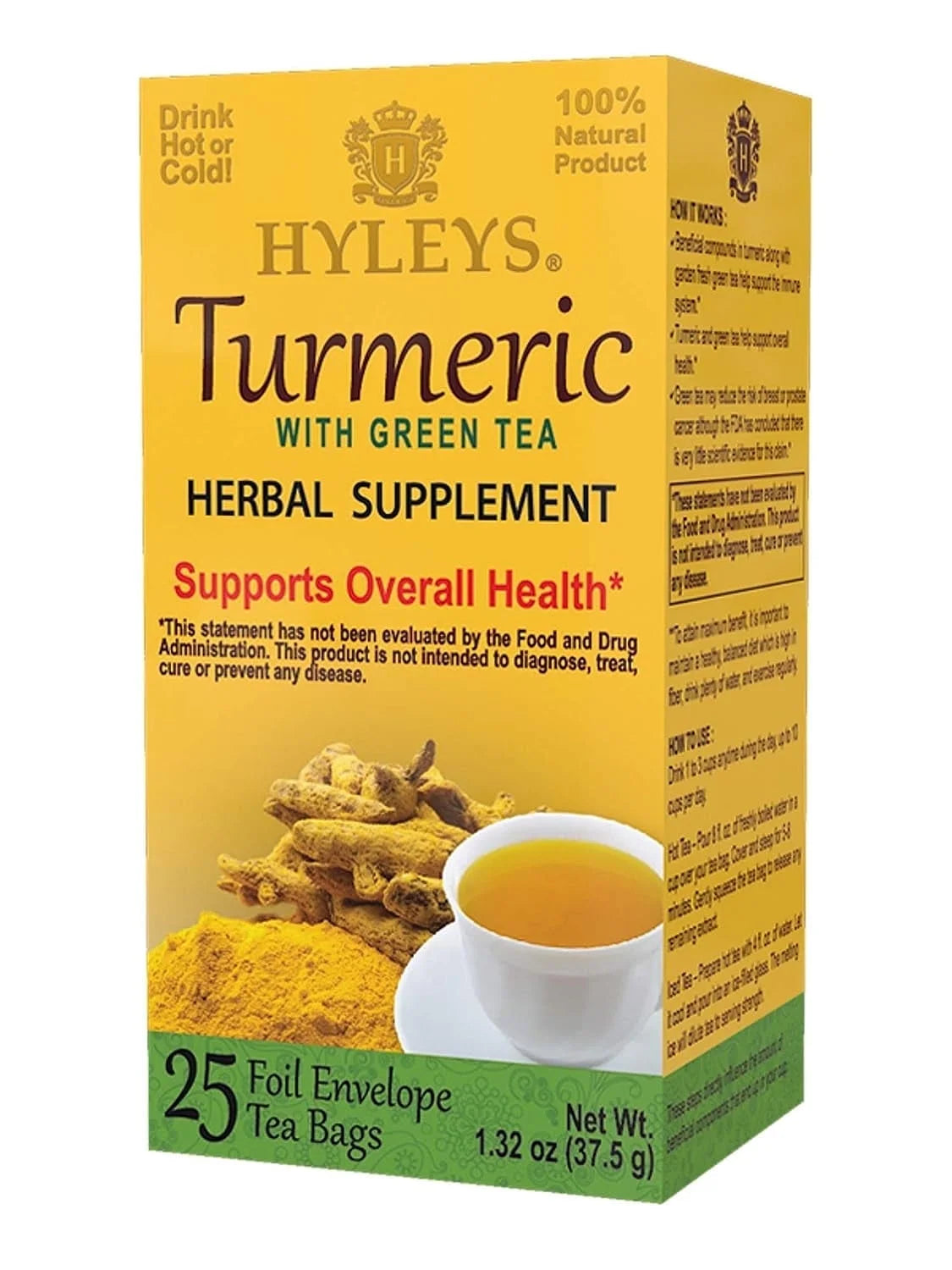 Green Tea with Turmeric - 25 Tea Bags - Wellness Herbal Supplement