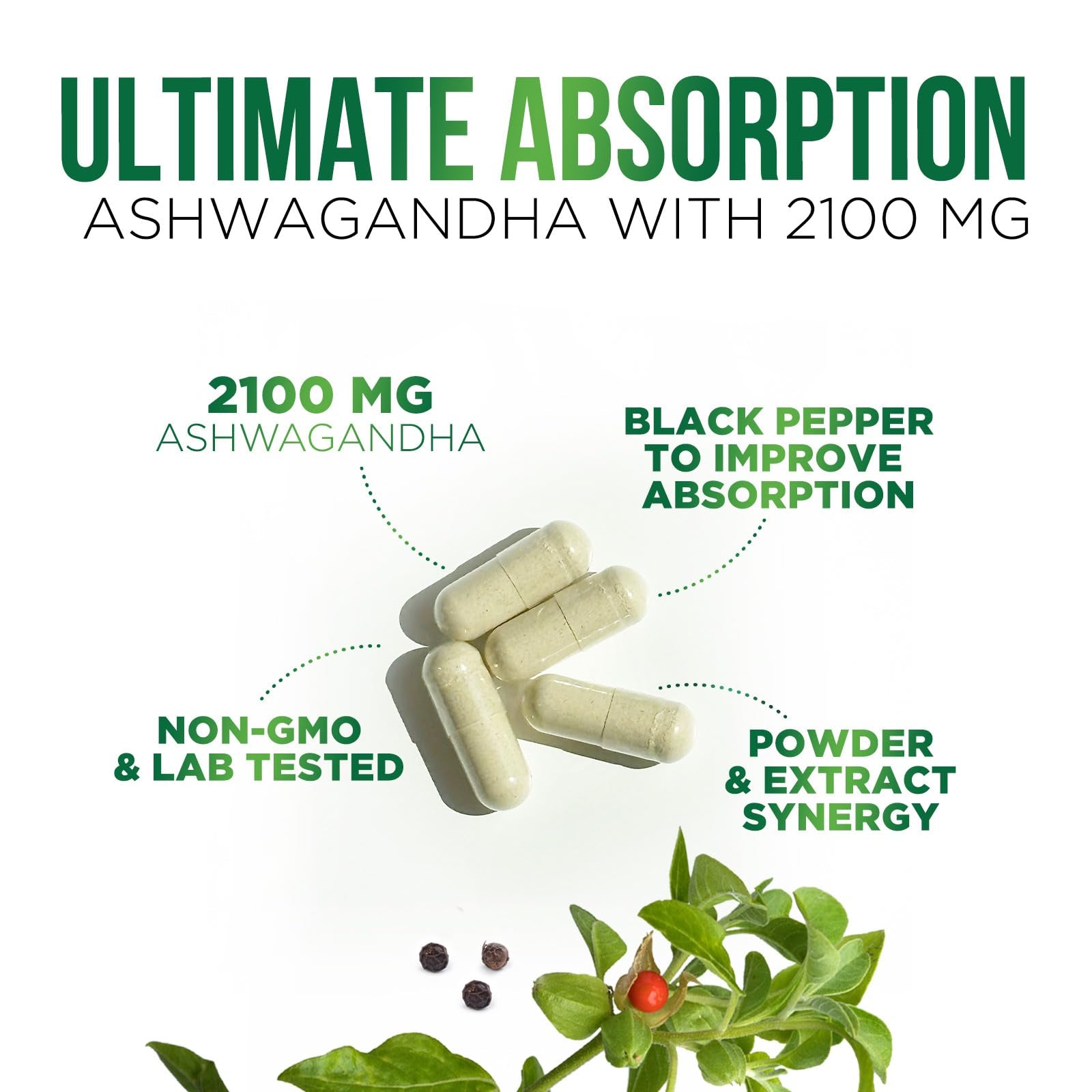 Ashwagandha 2100Mg - Extra Strength with Black Pepper for Max Absorption, Ashwagandha Powder and Root Supplements for Women & Men, Antioxidant Support, Vegan, Non-Gmo & Gluten Free - 60 Capsules