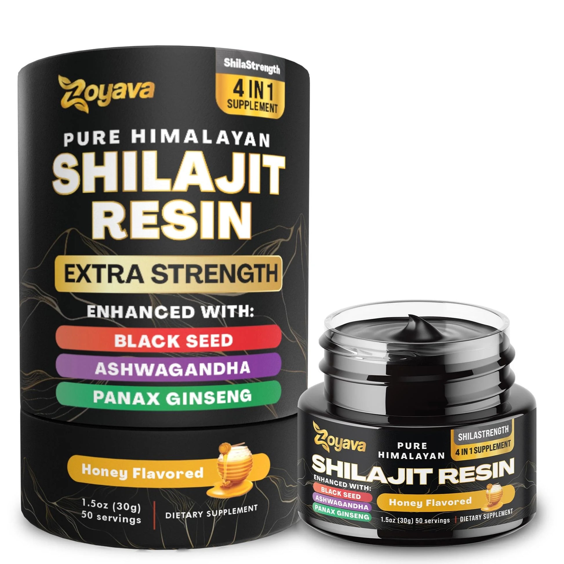 Shilajit Pure Himalayan Organic Resin, Natural Raw Black Seed, Ashwagandha, Panax Ginseng Shilajit for Men and Women, Fulvic Acid and Trace Minerals, Potent Herbal Blend for Enhanced Energy (Honey)