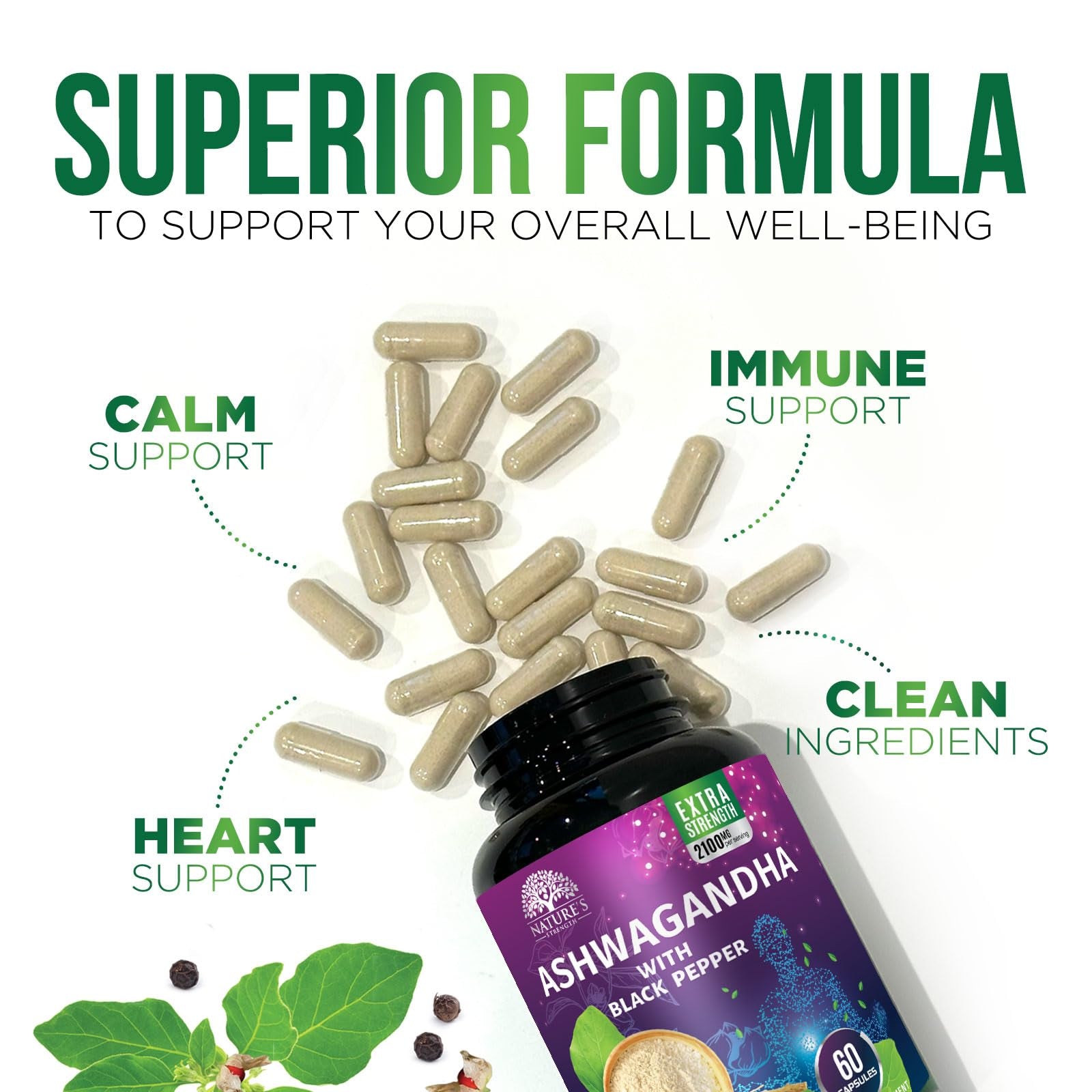 Ashwagandha 2100Mg - Extra Strength with Black Pepper for Max Absorption, Ashwagandha Powder and Root Supplements for Women & Men, Antioxidant Support, Vegan, Non-Gmo & Gluten Free - 60 Capsules