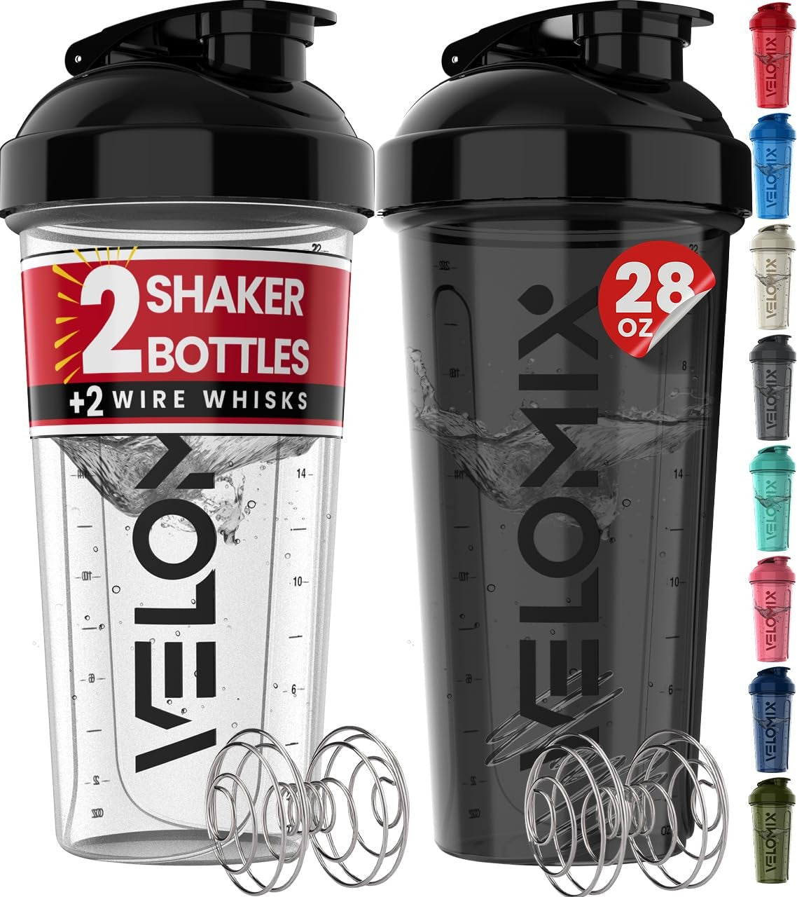 VELOMIX 2-Pack 28Oz Leak-Proof Protein Shaker Bottles W/ Wire Whisks