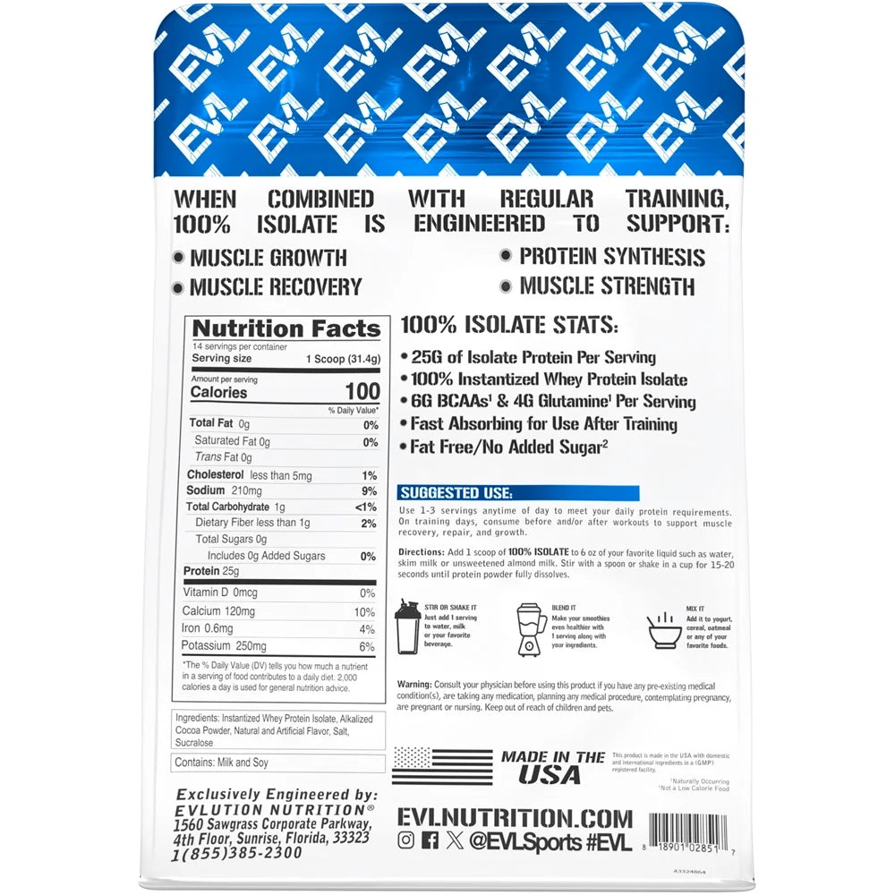 Whey Protein Powder 100% Isolate 25G -  Whey Isolate Protein Powder 1 LB - No Sugar Added, Low Carb Gluten Free - EVL Fast Absorbing Chocolate Protein Powder with BCAA