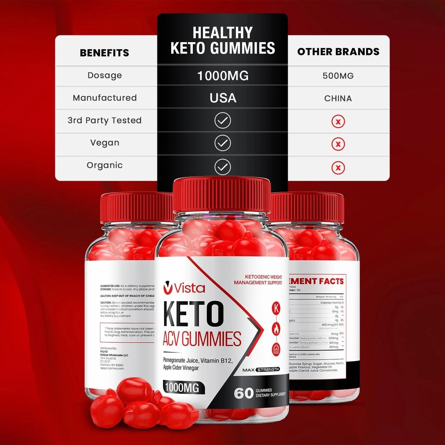 2 Pack ACV Gummies - Official - Keto Vista ACV Advanced Formula plus Apple Cider Vinegar Dietary Supplement B12 Beet Root Juice Men Women 120 Gummies