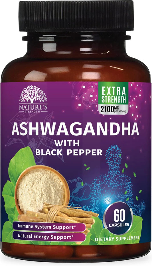 Ashwagandha 2100Mg - Extra Strength with Black Pepper for Max Absorption, Ashwagandha Powder and Root Supplements for Women & Men, Antioxidant Support, Vegan, Non-Gmo & Gluten Free - 60 Capsules