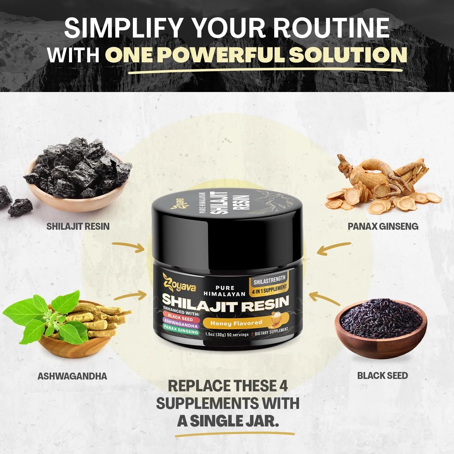 Shilajit Pure Himalayan Organic Resin, Natural Raw Black Seed, Ashwagandha, Panax Ginseng Shilajit for Men and Women, Fulvic Acid and Trace Minerals, Potent Herbal Blend for Enhanced Energy (Honey)