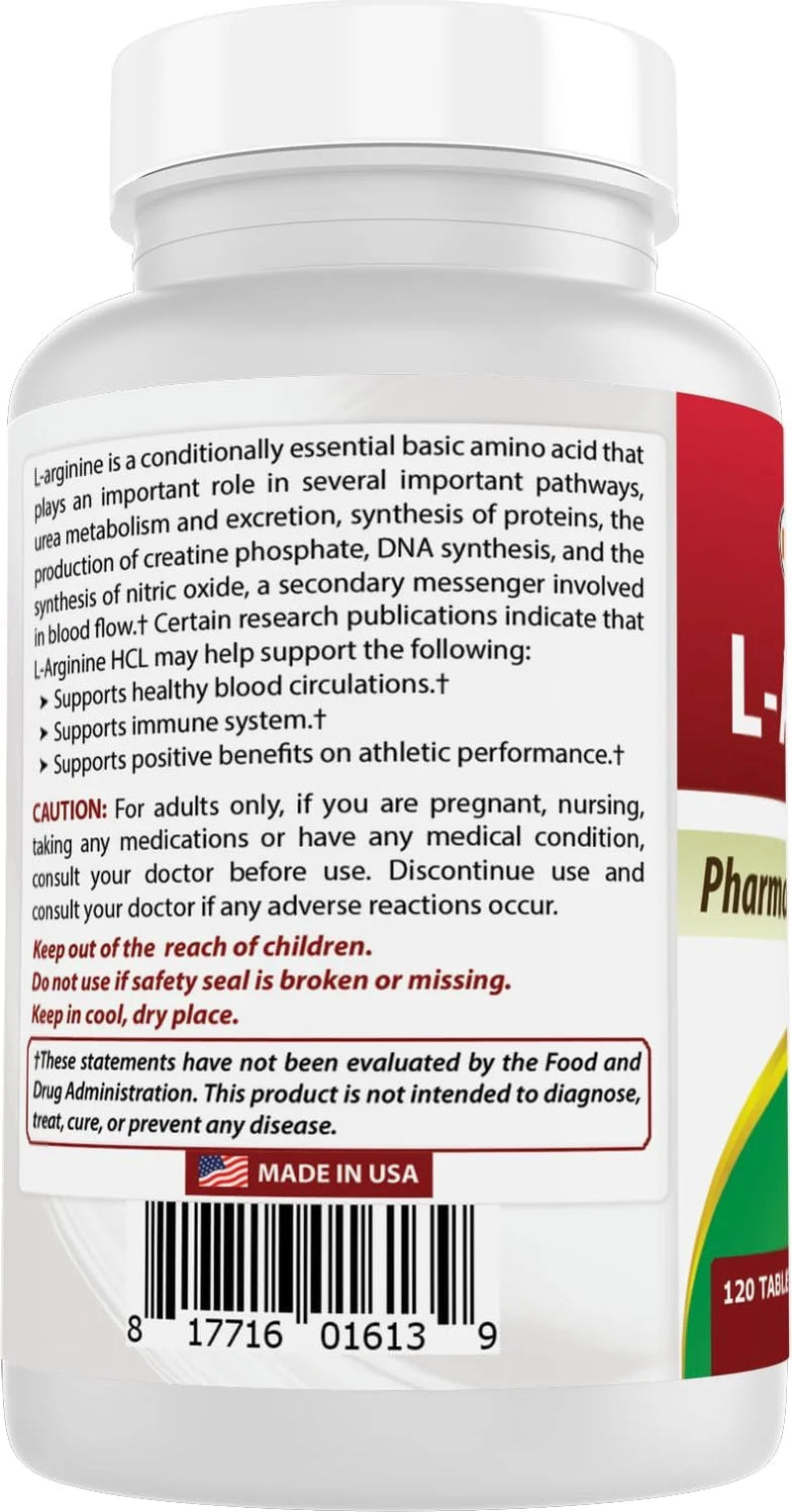 L-Arginine 1000 Mg Tablets, Nitric Oxide Booster, Heart Health, 120 Count, Gluten-Free