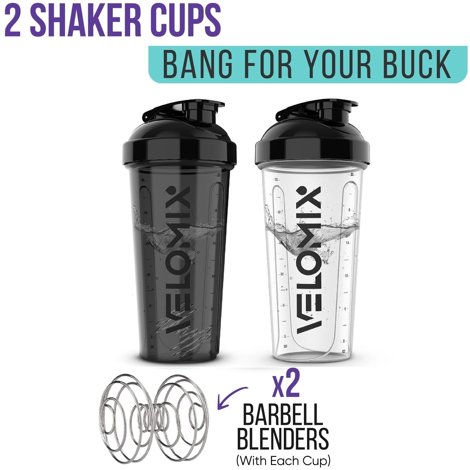 VELOMIX 2-Pack 28Oz Leak-Proof Protein Shaker Bottles W/ Wire Whisks