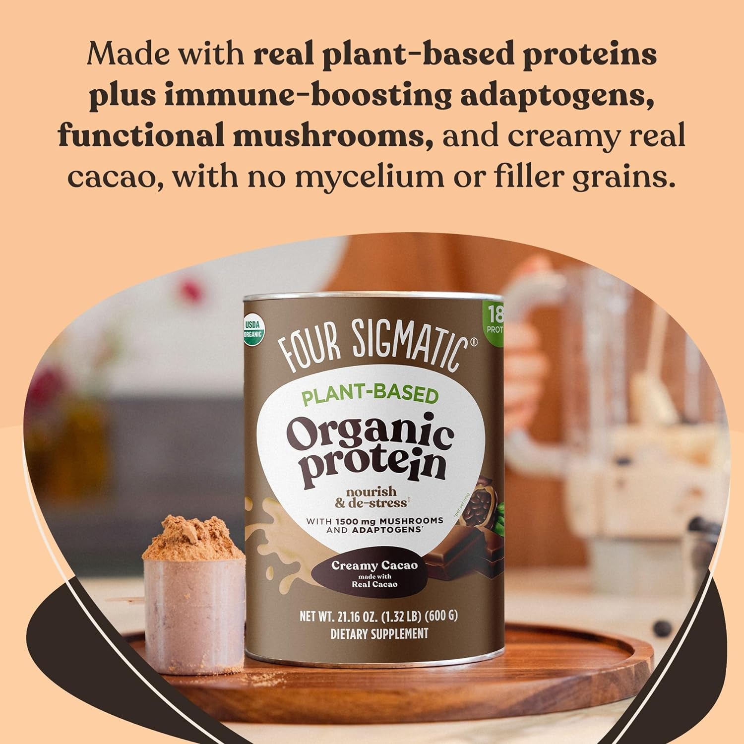 Organic Plant-Based Protein Powder Creamy Cacao Protein with Lion’S Mane, Chaga, Cordyceps and More | Clean Vegan Protein Elevated for Brain Function and Immune Support | 21.16 Oz