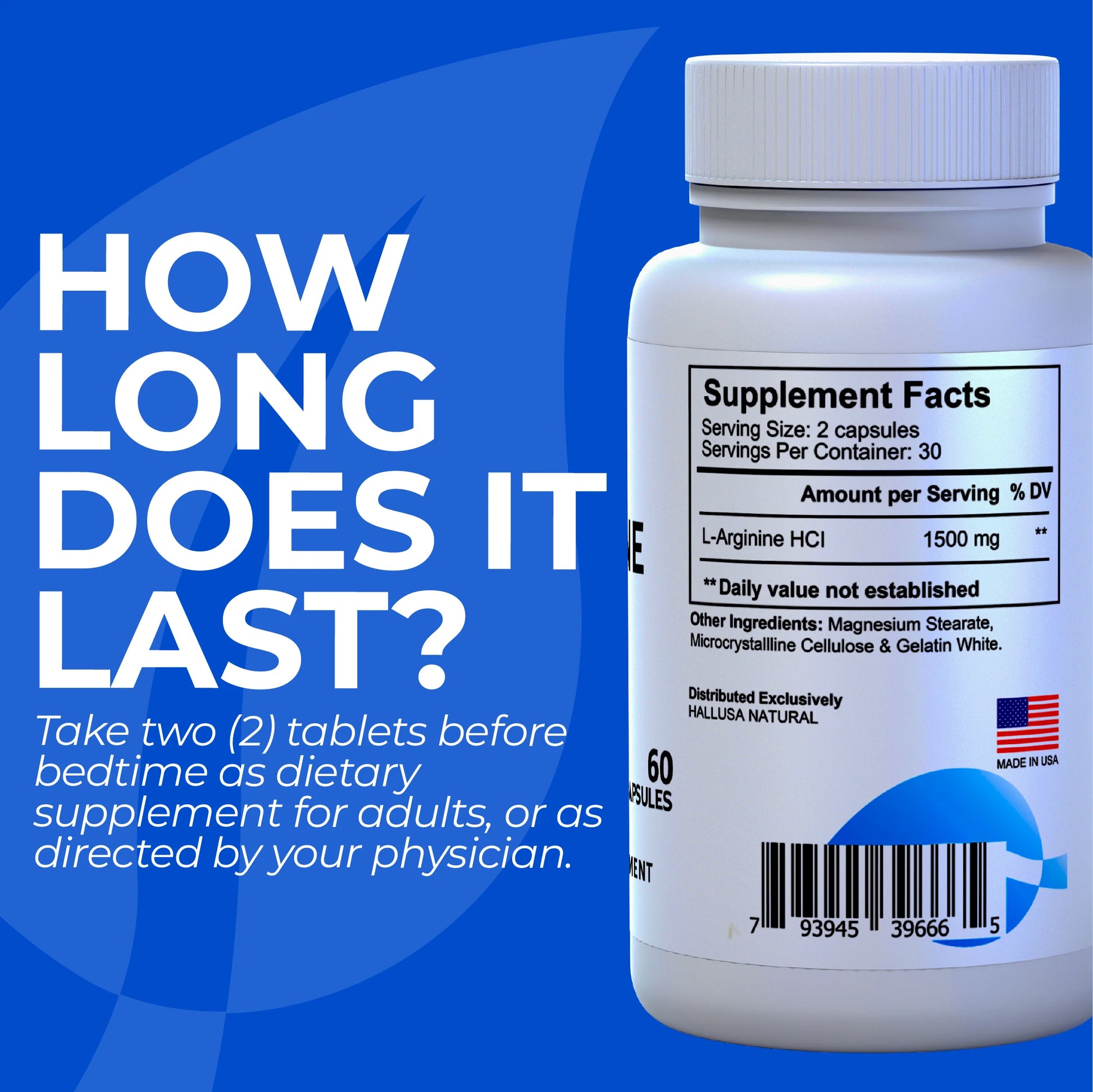 L- Arginine, Pre Workout Pills L-Arginine Hcl 1500 Mg, Nitric Oxide for Muscle Blood Circulation, Amino Acids Supplement - Amino Energy - Energy Supplements - 60 Caps