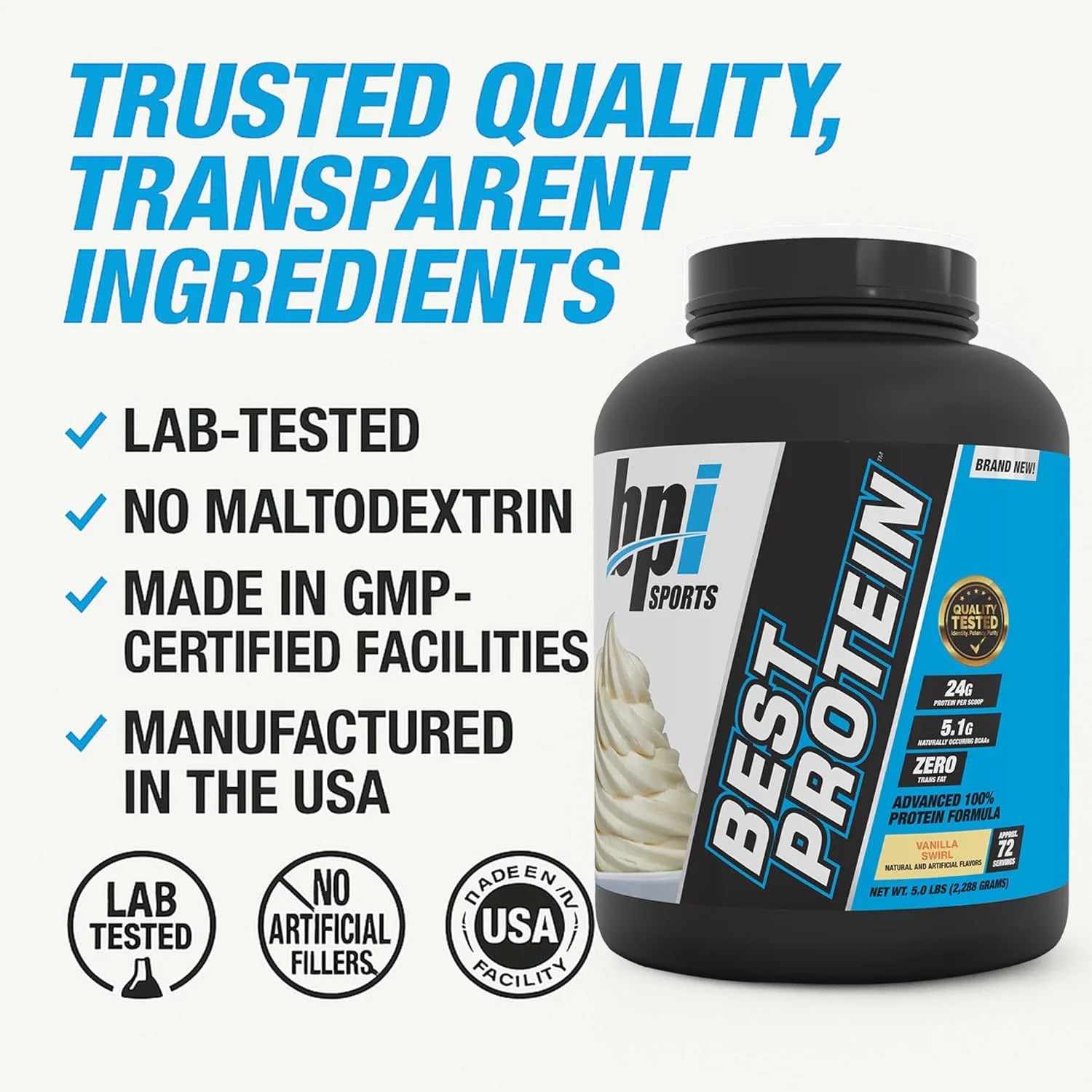 Best Protein Powder, 100% Whey Blend for Muscle Growth & Recovery, Vanilla Swirl, 5 Lbs (72 Servings)