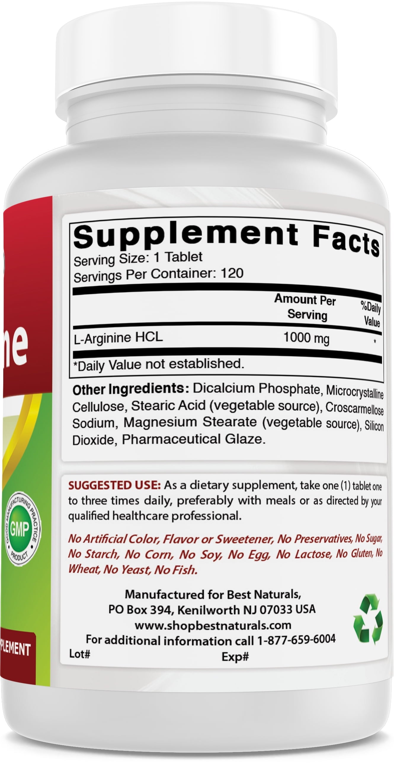 L-Arginine 1000 Mg Tablets, Nitric Oxide Booster, Heart Health, 120 Count, Gluten-Free