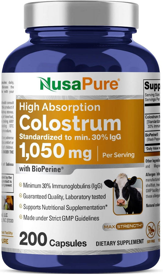 Colostrum 1050Mg Enhance Wellness with 30% Igg, 200 Caps - Non-Gmo, Gluten-Free, Enriched with Bioperine for Better Health, Dietary Supplement for Adult Health & Wellness - Made in USA