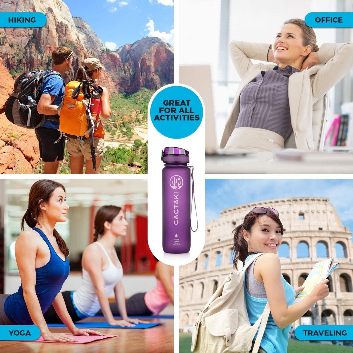 32 Oz Water Drinking Bottle with Time Marker - Stay Hydrated - Hydration Tracker & Reminder to Drink with Hourly Measurement Markings - Leak Spill Proof & BPA Free
