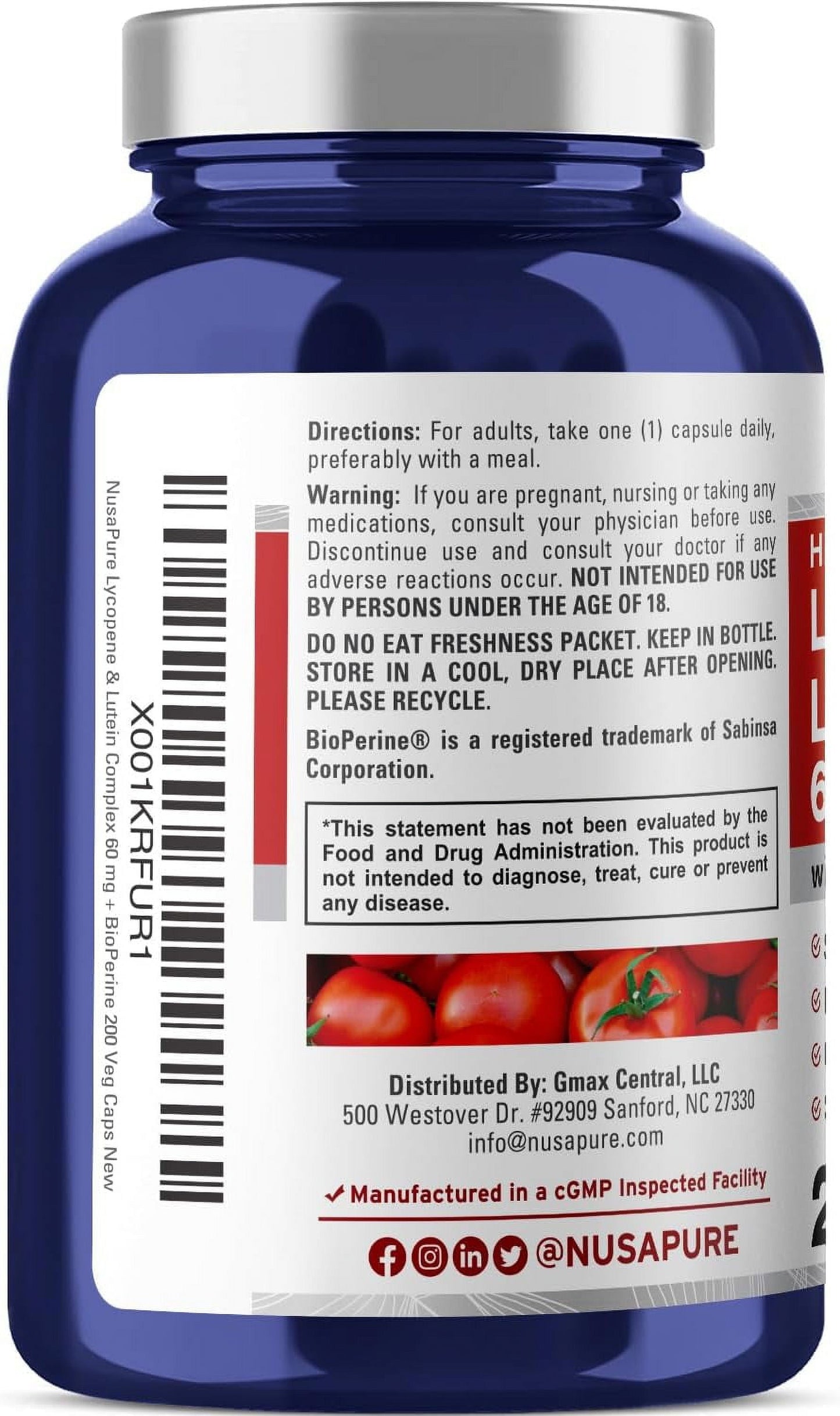 60Mg Lycopene & Lutein Complex 200 Veggie Capsules, Non-Gmo & Vegan, Dietary Supplement for Unisex Adult Health & Wellness